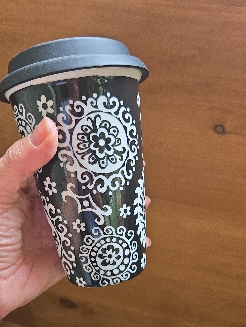 Black Travel Tumbler with White Floral Medallion Pattern